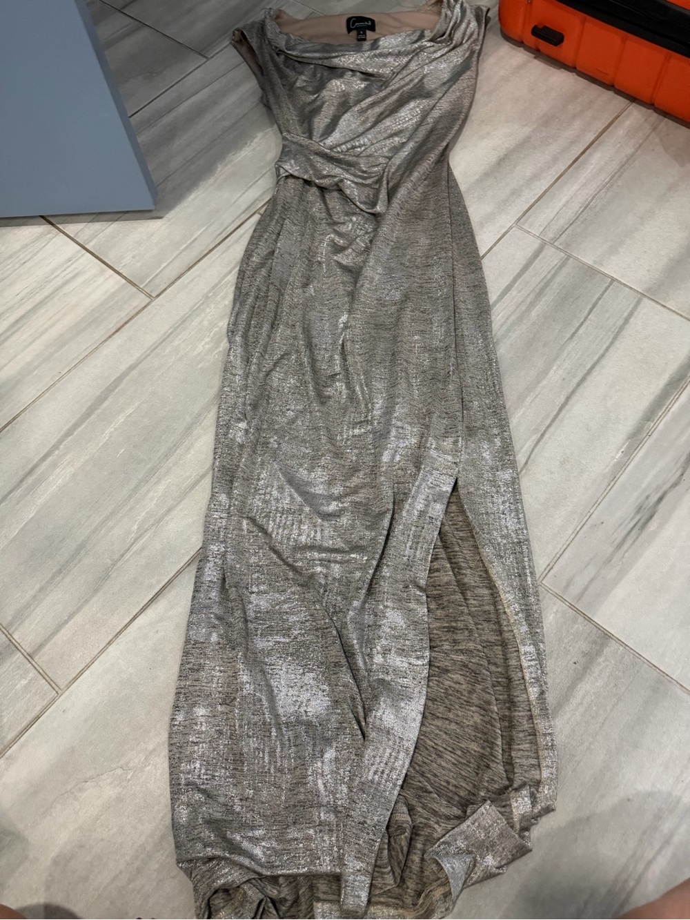 NWOT connected apparel Silver Metallic Cowl Neck Maxi Dress